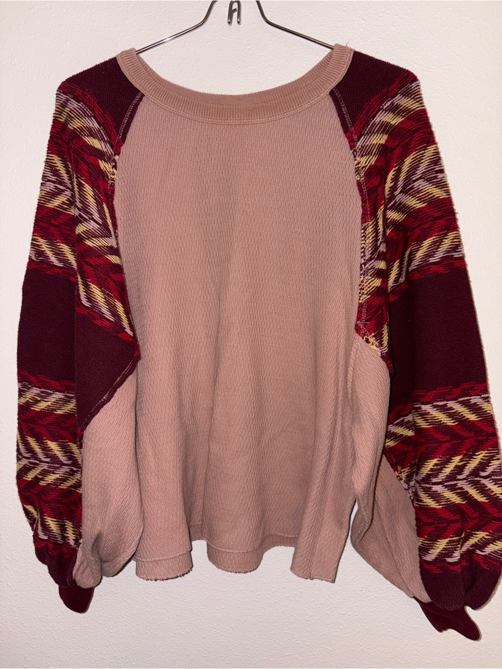 We The Free Dusty Rose Sweatshirt with Patterned Burgundy Sleeves